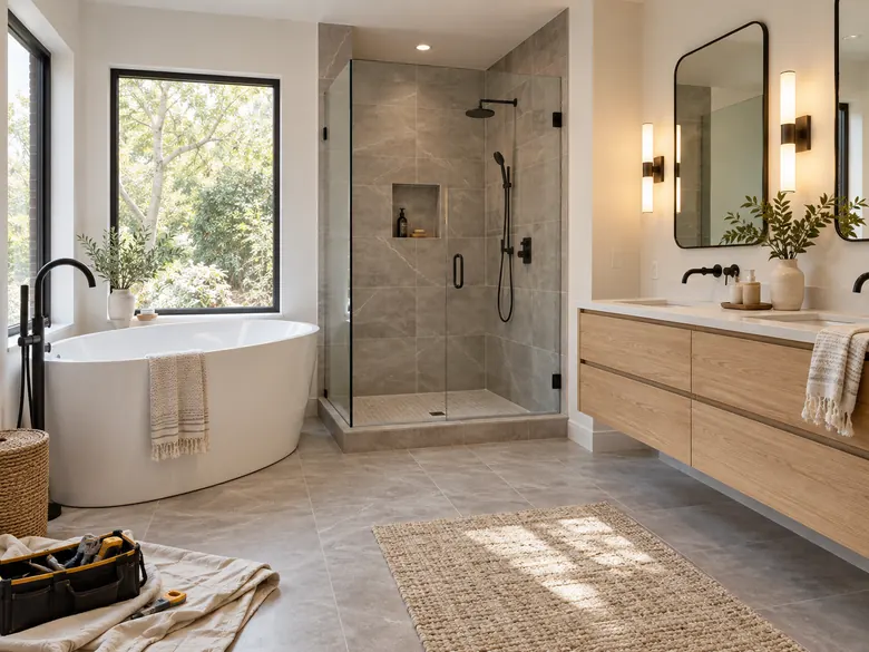 Newly renovated bathroom with modern tub and tile