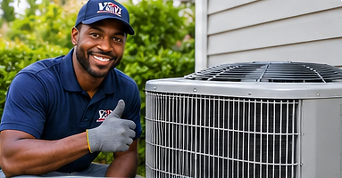 Illustrative photo of a Black HVAC technician beside an outdoor air-conditioning condenser