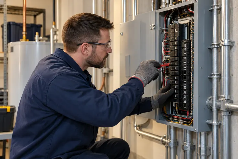Electrical technician inspecting a residential breaker panel