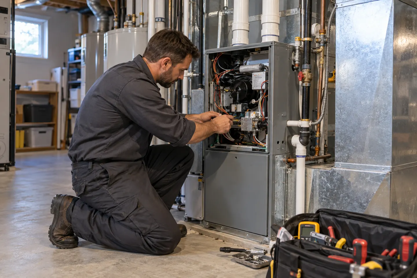 Heating and cooling technician inspecting residential furnace equipment
