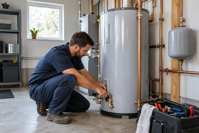 Plumbing technician working on a residential hot water heater
